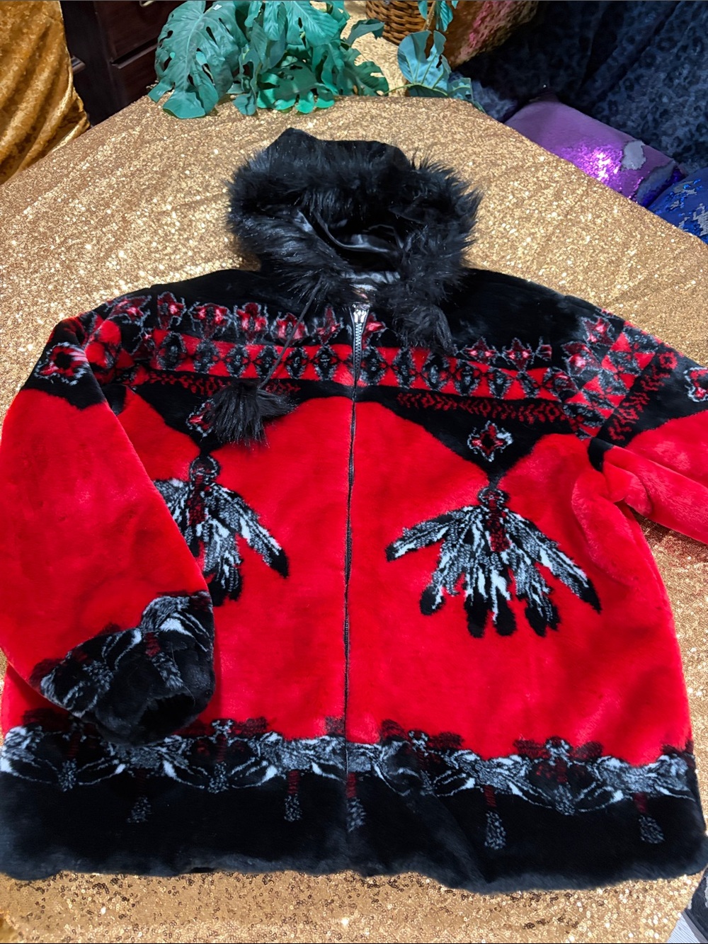 Vintage Women’s Red & Black Hooded Teddy Jacket with Faux Fur Trim